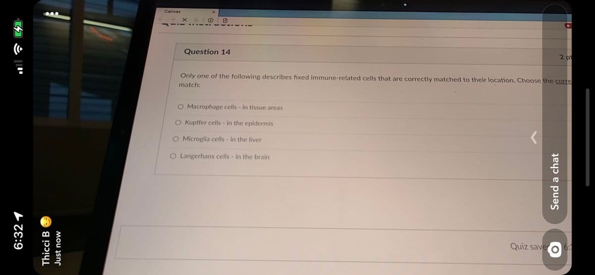 Canvas
Question 14
2 pt
Only one of the following describes fixed immune-related cells that are correctly matched to their location. Choose the corre
match:
Macrophage cells- in tissue areas
O Kupffer cells - in the epidermis
O Microglia cells- in the liver
O Langerhans cells- in the brain
Quiz saver
6:
6:32 1
Thicci B
Just now
Send a chat
