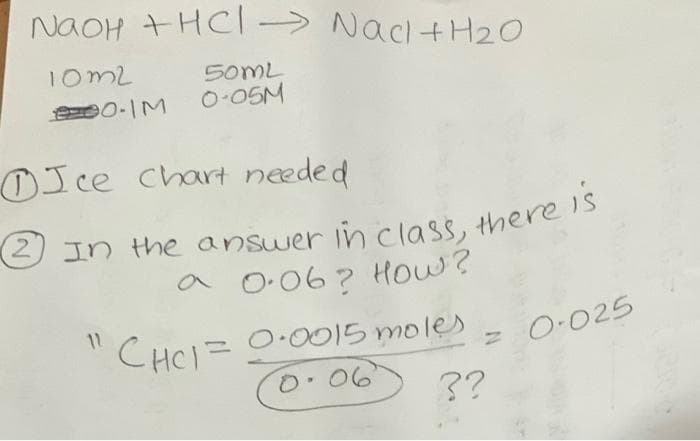 NAOH +HC → Naci +H20
10m2
50ML
O-O5M
OIce chart needed
2.
In the answer in class, there s
a O.06? HOw?
11
CHCI=
=0·0015 moles
%3D
O-025
06
3?
