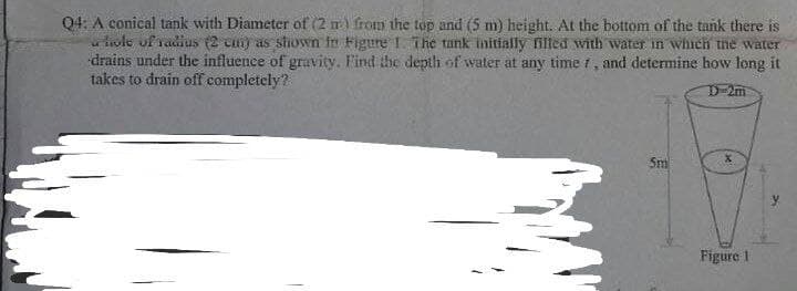 Q4: A conical tank with Diameter of (2 m) from the top and (5 m) height. At the bottom of the tank there is
hole of radius (2 cin) as shown in Figure 1. The tank initially filled with water in which the water
drains under the influence of gravity. Find the depth of water at any time, and determine how long it
takes to drain off completely?
5m
Figure 1