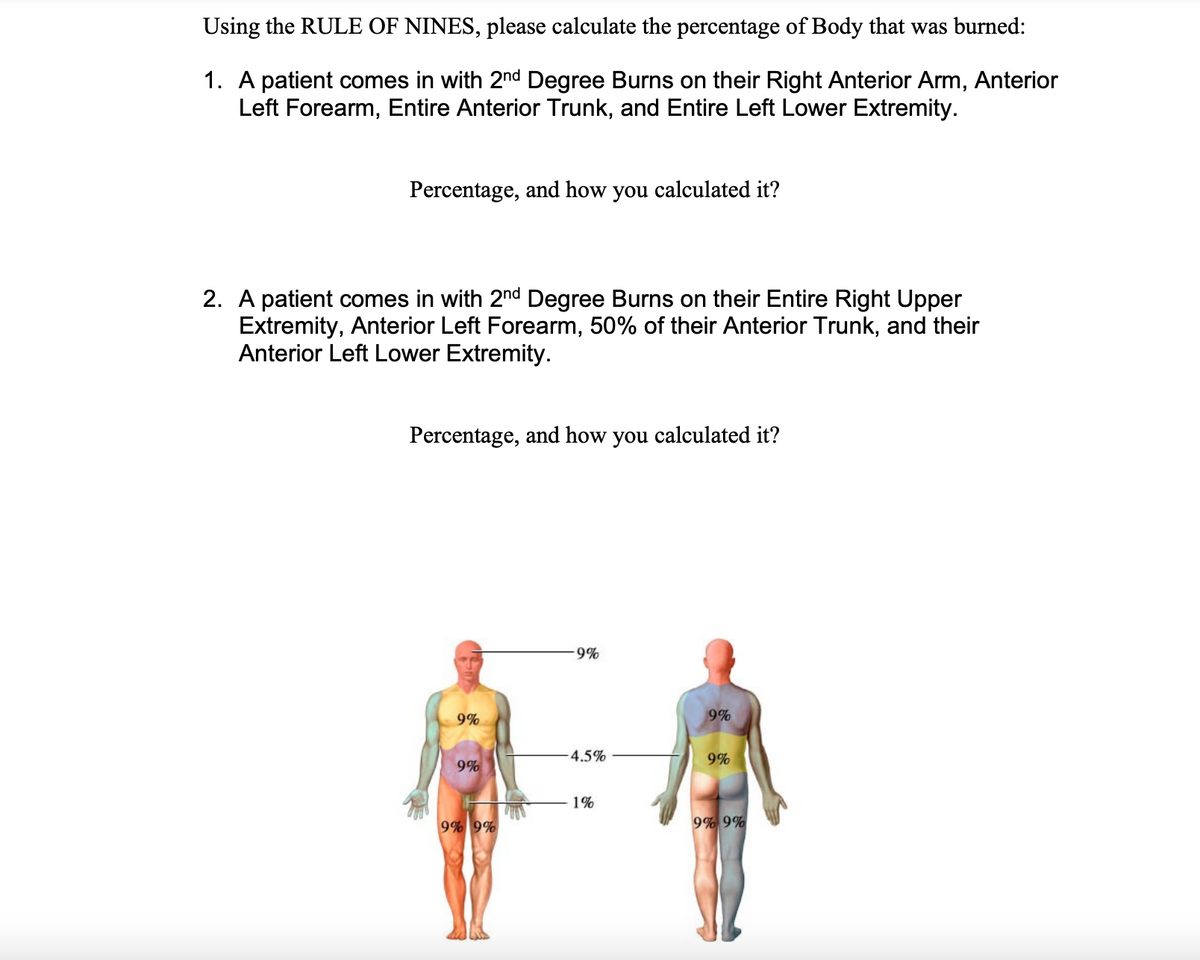 Using the RULE OF NINES, please calculate the percentage of Body that was burned:
1. A patient comes in with 2nd Degree Burns on their Right Anterior Arm, Anterior
Left Forearm, Entire Anterior Trunk, and Entire Left Lower Extremity.
Percentage, and how you calculated it?
2. A patient comes in with 2nd Degree Burns on their Entire Right Upper
Extremity, Anterior Left Forearm, 50% of their Anterior Trunk, and their
Anterior Left Lower Extremity.
Percentage, and how you calculated it?
9%
9%
9%
4.5%
9%
9%
1%
9% 9%
9% 9%
