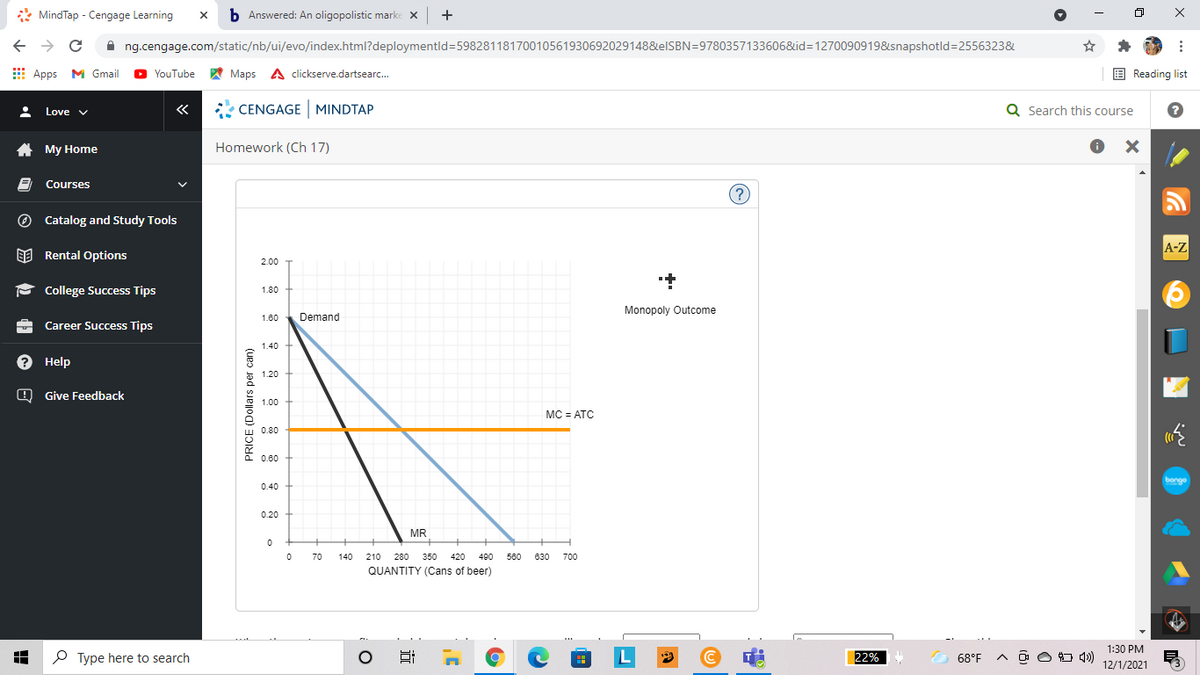 * MindTap - Cengage Learning
b Answered: An oligopolistic marke x +
A ng.cengage.com/static/nb/ui/evo/index.html?deploymentld=59828118170010561930692029148&elSBN=9780357133606&id3D1270090919&snapshotld=2556323&
E Apps M Gmail
YouTube A Maps A clickserve.dartsearc.
E Reading list
«
* CENGAGE MINDTAP
Q Search this course
Love v
A My Home
Homework (Ch 17)
Courses
(?
O Catalog and Study Tools
A-Z
EE Rental Options
2.00
- College Success Tips
1.80
Monopoly Outcome
1.80
Demand
Career Success Tips
1.40
? Help
1.20
O Give Feedback
1.00
MC = ATC
0.80
0.60
bongo
0.40 +
0.20
MR
+
70
140
210 280 350
420
490
580
630
700
QUANTITY (Cans of beer)
1:30 PM
O Type here to search
22%
68°F
A a O 4)
12/1/2021
x ...
近
PRICE (Dollars per can)
