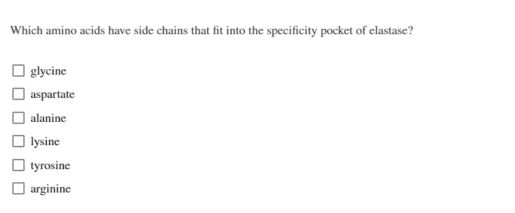 Which amino acids have side chains that fit into the specificity pocket of elastase?
glycine
aspartate
alanine
lysine
tyrosine
arginine