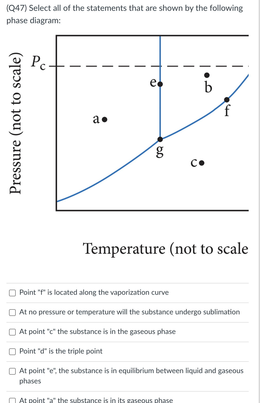 (Q47) Select all of the statements that are shown by the following
phase diagram:
Pc
ed
b
f
a•
Co
Temperature (not to scale
Point "f" is located along the vaporization curve
At no pressure or temperature will the substance undergo sublimation
At point "c" the substance is in the gaseous phase
Point "d" is the triple point
At point "e", the substance is in equilibrium between liquid and gaseous
phases
At point "a" the substance is in its gaseous phase
Pressure (not to scale)
