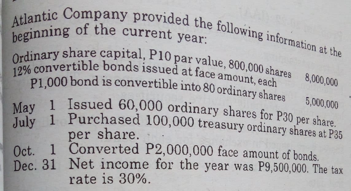 May 1 Issued 60,000 ordinary shares for P30 per share.
Atlantic Company provided the following information at the
P1,000 bond is convertible into 80 ordinary shares
beginning of the current year:
12% convertible bonds issued at face amount, each
Ordinary share capital, P10 par value, 800,000 shares 8,000,000
5,000,000
M 1 Purchased 100,000 treasury ordinary shares at P35
per share.
Oct 1 Converted P2,000,000 face amount of bonds.
Dec. 31 Net income for the year was P9,500,000. The tax
rate is 30%.
