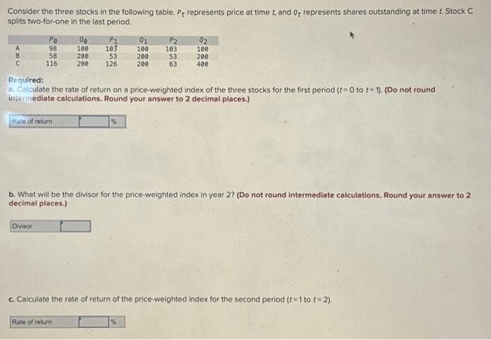Consider the three stocks in the following table. P+ represents price at time t, and 0 represents shares outstanding at time t. Stock C
splits two-for-one in the last period.
B
C
Pe
98
58
116
Divisor
%0
100
200
200 126
P1
103
53
Rate of return
Required:
a. Calculate the rate of return on a price-weighted index of the three stocks for the first period (t=0 to t= 1). (Do not round
intermediate calculations. Round your answer to 2 decimal places.)
Rate of return
%
01
100
200
200
P₂
103.
53
63
b. What will be the divisor for the price-weighted index in year 2? (Do not round intermediate calculations. Round your answer to 2
decimal places.)
92
100
200
400
%
c. Calculate the rate of return of the price-weighted index for the second period (t-1 to t=2).