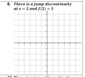 8. There is a jump discontinuity
at x = 2 and f(2) = 3
