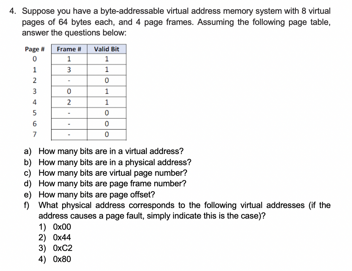 4. Suppose you have a byte-addressable virtual address memory system with 8 virtual
pages of 64 bytes each, and 4 page frames. Assuming the following page table,
answer the questions below:
Page # Frame #
0
1
1
2
3
4
5
6
7
3
0
2
Valid Bit
1
1
0
1
1
0
0
0
a) How many bits are in a virtual address?
b) How many bits are in a physical address?
c) How many bits are virtual page number?
d) How many bits are page frame number?
e) How many bits are page offset?
f) What physical address corresponds to the following virtual addresses (if the
address causes a page fault, simply indicate this is the case)?
1) 0x00
2) 0x44
3) 0XC2
4) 0x80