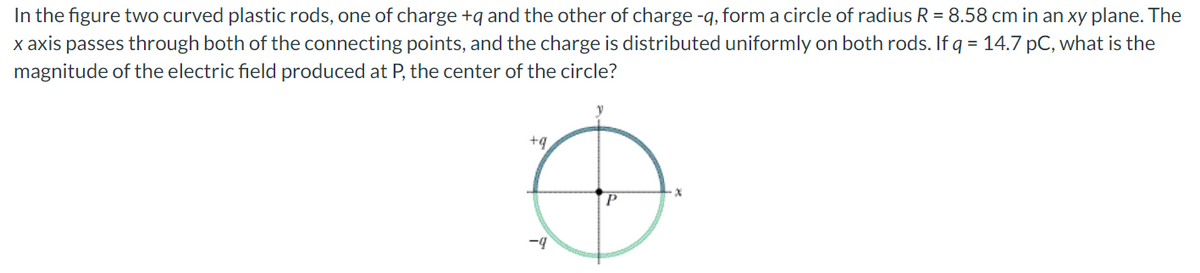 In the figure two curved plastic rods, one of charge +q and the other of charge -q, form a circle of radius R = 8.58 cm in an xy plane. The
x axis passes through both of the connecting points, and the charge is distributed uniformly on both rods. If q = 14.7 pC, what is the
magnitude of the electric field produced at P, the center of the circle?
+q
-9
X