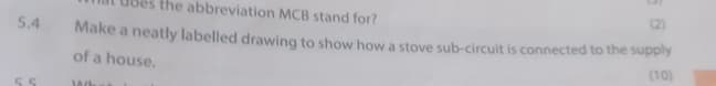 the abbreviation MCB stand for?
(2)
Make a neatly labelled drawing to show how a stove sub-circuit is connected to the supply
5.4
of a house.
55
(10)