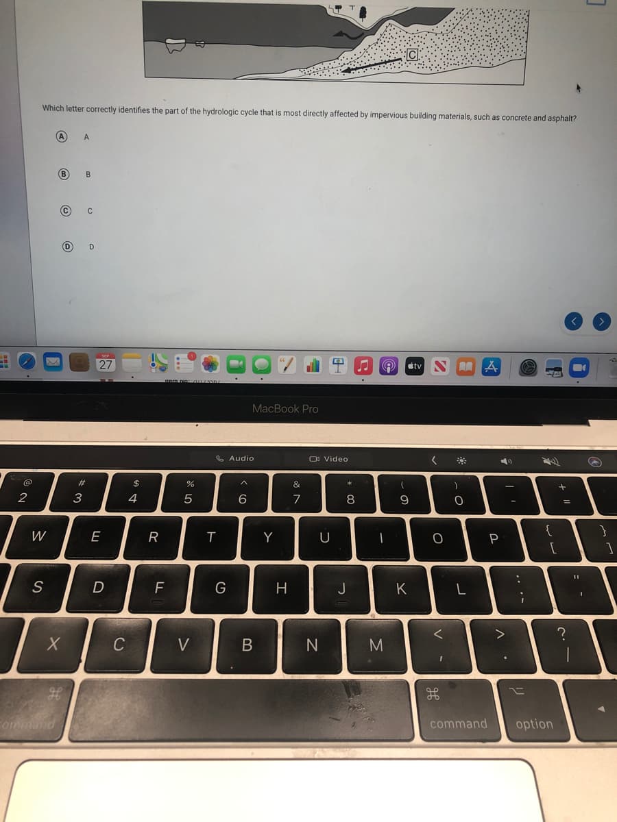 Which letter correctly identifies the part of the hydrologic cycle that is most directly affected by impervious building materials, such as concrete and asphalt?
A
(B
В
C
D
27
tv
MacBook Pro
S Audio
O Video
2$
&
2
4
6
7
8
{
}
W
E
R
T
Y
P
[
S
F
G
H
J
K
C
V
command
option
* 00
* 3.
