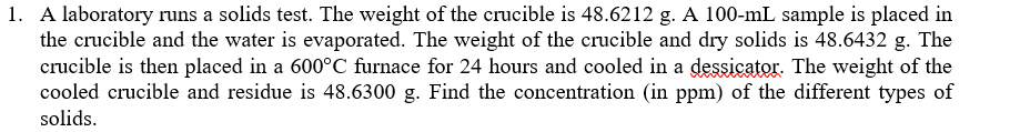 1. A laboratory runs a solids test. The weight of the crucible is 48.6212 g. A 100-mL sample is placed in
the crucible and the water is evaporated. The weight of the crucible and dry solids is 48.6432 g. The
crucible is then placed in a 600°C furnace for 24 hours and cooled in a dessicator. The weight of the
cooled crucible and residue is 48.6300 g. Find the concentration (in ppm) of the different types of
solids.