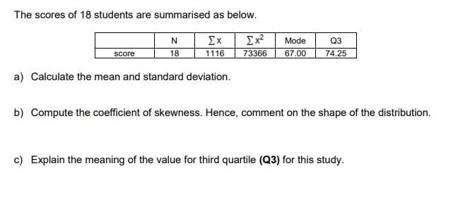 The scores of 18 students are summarised as below.
score
N
18
Ex Ex²
1116
a) Calculate the mean and standard deviation.
Mode
73366 67.00
Q3
74.25
b) Compute the coefficient of skewness. Hence, comment on the shape of the distribution.
c) Explain the meaning of the value for third quartile (Q3) for this study.