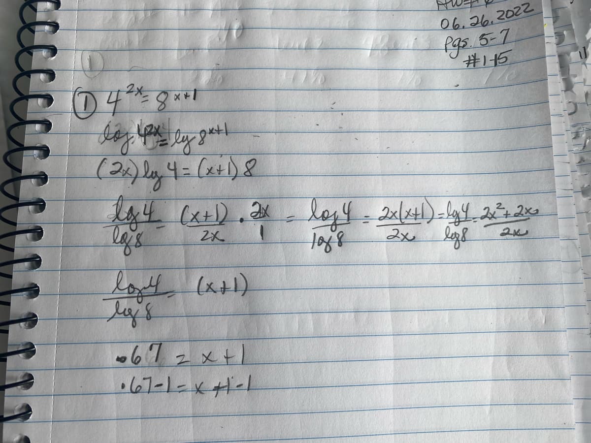 ### Exponential and Logarithmic Equation Solving Example

**Problem:**  
Solve the equation \(4^{2x} = 8^{x+1}\).

**Solution Steps:**

1. Start with the given equation:
   \[ 4^{2x} = 8^{x+1} \]

2. Apply the logarithm to both sides to facilitate solving for \(x\):
   \[ \log(4^{2x}) = \log(8^{x+1}) \]

3. Use the logarithmic power rule \(\log(a^b) = b \log(a)\) to simplify both sides:
   \[ (2x) \log 4 = (x+1) \log 8 \]

4. Rewrite the equation to isolate terms involving \(x\):
   \[ 2x \log 4 = (x+1) \log 8 \]

5. Distribute \(\log 8\) on the right-hand side:
   \[ 2x \log 4 = x \log 8 + \log 8 \]

6. Collect all terms involving \(x\) on one side of the equation:
   \[ 2x \log 4 - x \log 8 = \log 8 \]

7. Factor out the \(x\) term from the left side:
   \[ x(2 \log 4 - \log 8) = \log 8 \]

8. Simplify the expression inside the parentheses using logarithmic properties:
   \[ \log 4 = \log 2^2 = 2 \log 2 \]
   \[ \log 8 = \log 2^3 = 3 \log 2 \]
   \[ 2 (2 \log 2) - 3 \log 2 = 4 \log 2 - 3 \log 2 = \log 2 \]

9. Substitute back into the equation:
   \[ x (\log 2) = \log 8 \]

10. Finally, solve for \(x\):
    \[ x = \frac{\log 8}{\log 2} = 3 \]

By following these steps, we find that the solution to the equation \(4^{2x} = 8^{x + 1}\) is \(x = 3