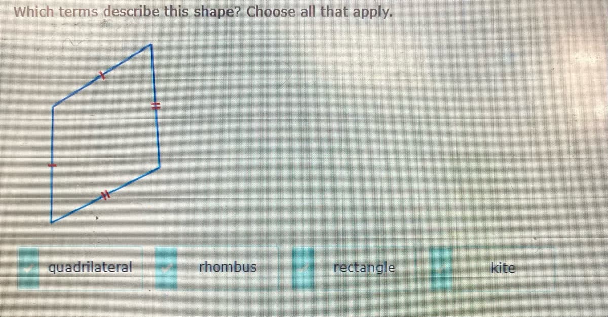 Which terms describe this shape? Choose all that apply.
quadrilateral
rhombus
rectangle
kite