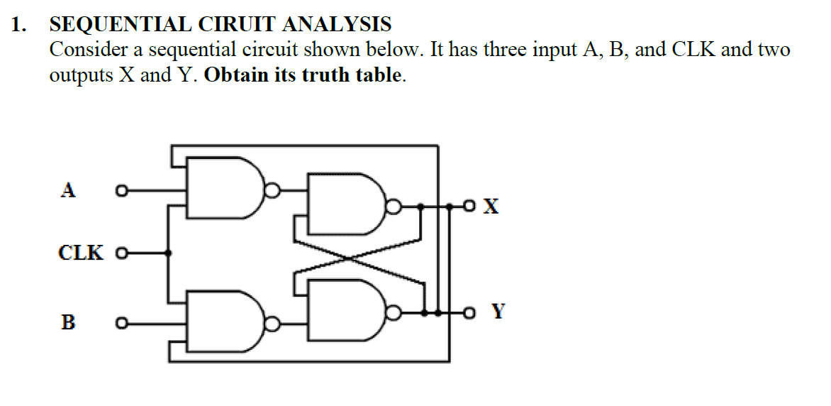 1. SEQUENTIAL CIRUIT ANALYSIS
Consider a sequential circuit shown below. It has three input A, B, and CLK and two
outputs X and Y. Obtain its truth table.
A
CLK O
o Y
B
