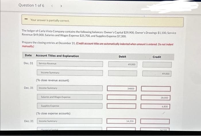 Question 1 of 6
Your answer is partially correct.
The ledger of Carla Vista Company contains the following balances: Owner's Capital $29,900, Owner's Drawings $1,100, Service
Revenue $49,000, Salaries and Wages Expense $25,700, and Supplies Expense $7,300.
>
Prepare the closing entries at December 31. (Credit account titles are automatically indented when amount is entered. Do not indent
manually.)
Date Account Titles and Explanation
Service Revenue
Dec. 31
Dec. 31
Dec. 31
Income Summary
(To close revenue account)
Income Summary
Salaries and Wages Expense
Supplies Expense
(To close expense accounts)
Income Summary
Debit
49,000
34800
14,200
Credit
49,000
10 000
28.000
6.800
1.4.200