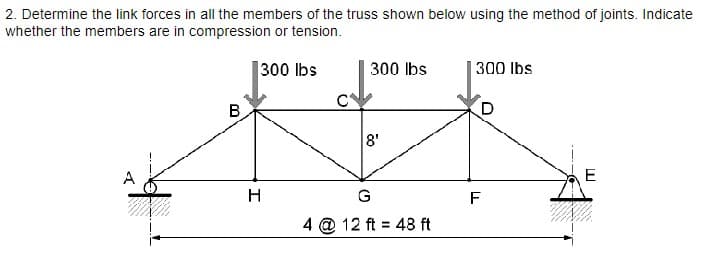 2. Determine the link forces in all the members of the truss shown below using the method of joints. Indicate
whether the members are in compression or tension.
B
300 lbs
300 lbs
300 lbs
C
A
H
G
8'
4 @ 12 ft 48 ft
E
F