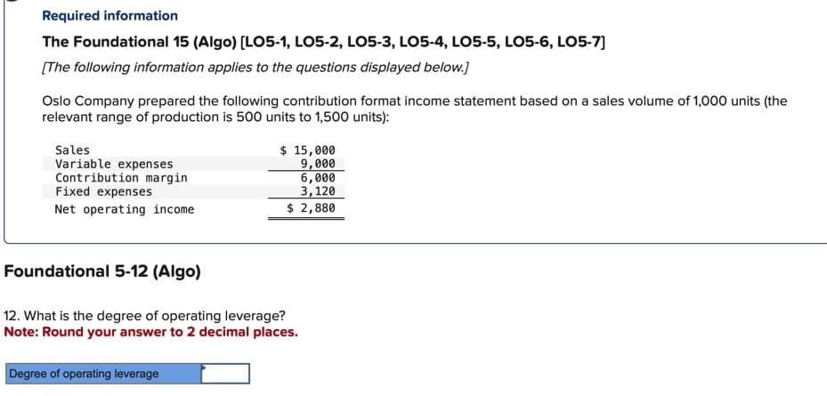 Required information
The Foundational 15 (Algo) [LO5-1, LO5-2, LO5-3, LO5-4, LO5-5, LO5-6, LO5-7]
[The following information applies to the questions displayed below.]
Oslo Company prepared the following contribution format income statement based on a sales volume of 1,000 units (the
relevant range of production is 500 units to 1,500 units):
Sales
Variable expenses
Contribution margin
Fixed expenses
Net operating income
$ 15,000
9,000
6,000
3,120
$ 2,880
Foundational 5-12 (Algo)
12. What is the degree of operating leverage?
Note: Round your answer to 2 decimal places.
Degree of operating leverage