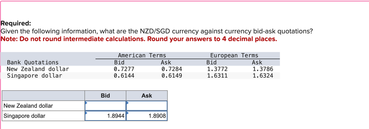 Required:
Given the following information, what are the NZD/SGD currency against currency bid-ask quotations?
Note: Do not round intermediate calculations. Round your answers to 4 decimal places.
Bank Quotations
New Zealand dollar
Singapore dollar
Bid
New Zealand dollar
Singapore dollar
American Terms
European Terms
Bid
Ask
Bid
Ask
0.7277
0.6144
0.7284
0.6149
1.3772
1.3786
1.6311
1.6324
Ask
1.8944
1.8908