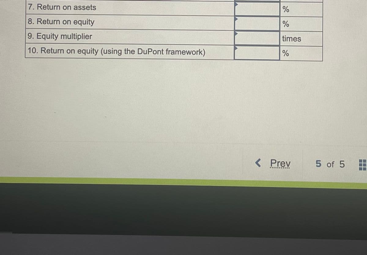 7. Return on assets
8. Return on equity
9. Equity multiplier
10. Return on equity (using the DuPont framework)
%
%
times
%
< Prev
ONDER
5 of 5