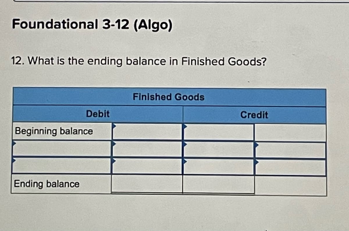 Foundational 3-12 (Algo)
12. What is the ending balance in Finished Goods?
Debit
Beginning balance
Ending balance
Finished Goods
Credit