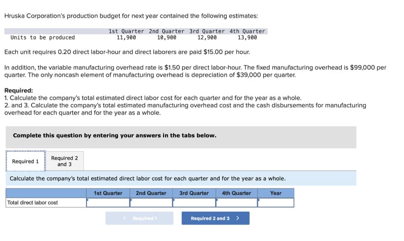 Hruska Corporation's production budget for next year contained the following estimates:
Units to be produced
1st Quarter 2nd Quarter 3rd Quarter 4th Quarter
11,900 10,900 12,900 13,900
Each unit requires 0.20 direct labor-hour and direct laborers are paid $15.00 per hour.
In addition, the variable manufacturing overhead rate is $1.50 per direct labor-hour. The fixed manufacturing overhead is $99,000 per
quarter. The only noncash element of manufacturing overhead is depreciation of $39,000 per quarter.
Required:
1. Calculate the company's total estimated direct labor cost for each quarter and for the year as a whole.
2. and 3. Calculate the company's total estimated manufacturing overhead cost and the cash disbursements for manufacturing
overhead for each quarter and for the year as a whole.
Complete this question by entering your answers in the tabs below.
Required 2
and 3
Calculate the company's total estimated direct labor cost for each quarter and for the year as a whole.
1st Quarter 2nd Quarter
3rd Quarter 4th Quarter
Year
Required 1
Total direct labor cost
Required 1
Required 2 and 3 >