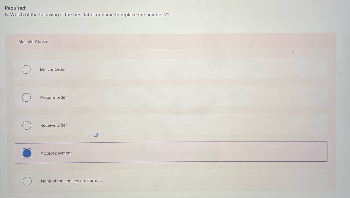 Required:
5. Which of the following is the best label or name to replace the number 2?
Multiple Choice
Deliver Order
Prepare order
Receive order
Accept payment
None of the choices are correct.