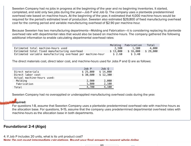 Sweeten Company had no jobs in progress at the beginning of the year and no beginning inventories. It started,
completed, and sold only two jobs during the year-Job P and Job Q. The company uses a plantwide predetermined
overhead rate based on machine-hours. At the beginning of the year, it estimated that 4,000 machine-hours would be
required for the period's estimated level of production. Sweeten also estimated $29,800 of fixed manufacturing overhead
cost for the coming period and variable manufacturing overhead of $2.90 per machine-hour.
Because Sweeten has two manufacturing departments-Molding and Fabrication-it is considering replacing its plantwide
overhead rate with departmental rates that would also be based on machine-hours. The company gathered the following
additional information to enable calculating departmental overhead rates:
Estimated total machine-hours used
Molding Fabrication
2,500
1,500
$ 16,800 $ 29,800
$ 3.40
Total
4,000
Estimated total fixed manufacturing overhead
$ 13,000
$ 2.60
Estimated variable manufacturing overhead per machine-hour
The direct materials cost, direct labor cost, and machine-hours used for Jobs P and Q are as follows:
Direct materials
Direct labor cost
Actual machine-hours used:
Molding
Fabrication
Job P
$ 25,000
$ 30,600
Foundational 2-4 (Algo)
2,900
1,800
4,700
Job Q
$ 14,000
$ 12,300
2,000
2,100
4,100
Total
Sweeten Company had no overapplied or underapplied manufacturing overhead costs during the year.
Required:
For questions 1-8, assume that Sweeten Company uses a plantwide predetermined overhead rate with machine-hours as
the allocation base. For questions, 9-15, assume that the company uses predetermined departmental overhead rates with
machine-hours as the allocation base in both departments.
4. If Job P includes 20 units, what is its unit product cost?
Note: Do not round intermediate calculations. Round your final answer to nearest whole dollar.