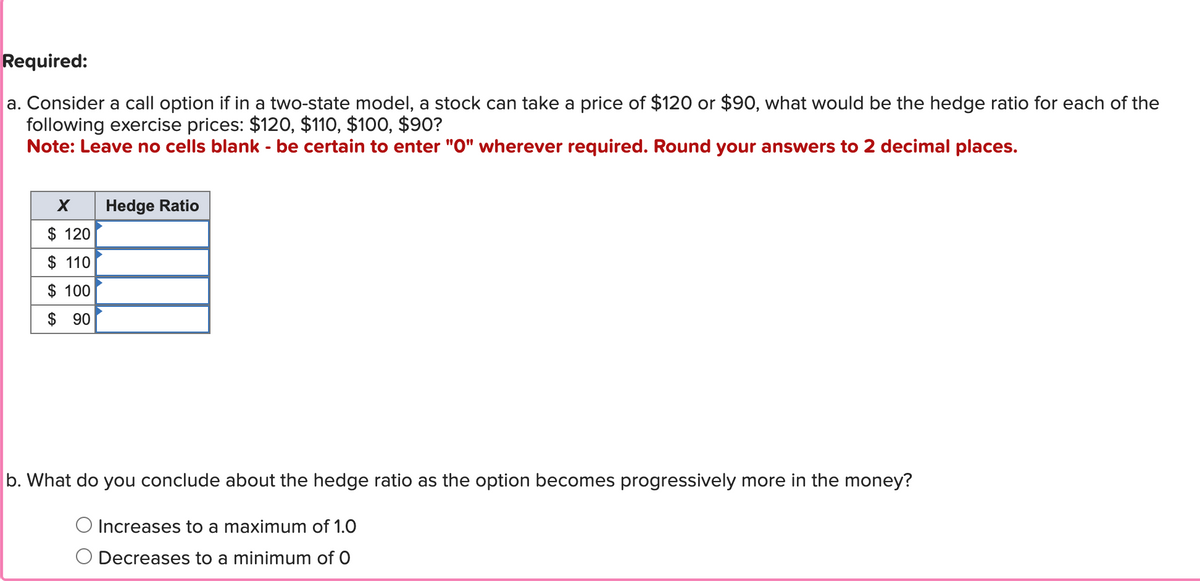 Required:
a. Consider a call option if in a two-state model, a stock can take a price of $120 or $90, what would be the hedge ratio for each of the
following exercise prices: $120, $110, $100, $90?
Note: Leave no cells blank - be certain to enter "0" wherever required. Round your answers to 2 decimal places.
Hedge Ratio
$ 120
$ 110
$ 100
$ 90
b. What do you conclude about the hedge ratio as the option becomes progressively more in the money?
Increases to a maximum of 1.0
Decreases to a minimum of O