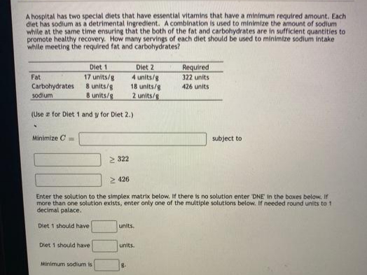 A hospital has two special diets that have essential vitamins that have a minimum required amount. Each
diet has sodium as a detrimental ingredient. A combination is used to minimize the amount of sodium
while at the same time ensuring that the both of the fat and carbohydrates are in sufficient quantities to
promote healthy recovery. How many servings of each diet should be used to minimtze sodium intake
while meeting the required fat and carbohydrates?
Diet 1
Diet 2
Required
17 units/g
8 units/g
8 units/g
Fat
322 units
Carbohydrates
sodium
4 units/g
18 units/g
2 units/g
426 units
(Use a for Diet 1 and y for Diet 2.)
Minimize C
subject to
2 322
2 426
Enter the solution to the simplex matrix below. If there is no solution enter DNE In the baxes below, If
more than one solution exists, enter only one of the multiple solutions below. If needed round units to 1
decimal palace.
Diet 1 should have
units.
Diet 1 should have
units.
Minimum sodium is
8-
