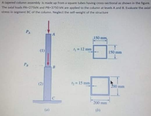 A tapered column assembly is made up from a square tubes having cross-sectional as shown in the figure.
The axial loads PA-275KN and PB-3750 kN are applied to the column at levels A and B. Evaluate the axial
stress in segment BC of the column. Neglect the self-weight of the structure
PA
150 mm
= 12 mm
150 mm
(1)
Ps
B
(2)
15= 15 mm
200 mm
200 mm
(a)
