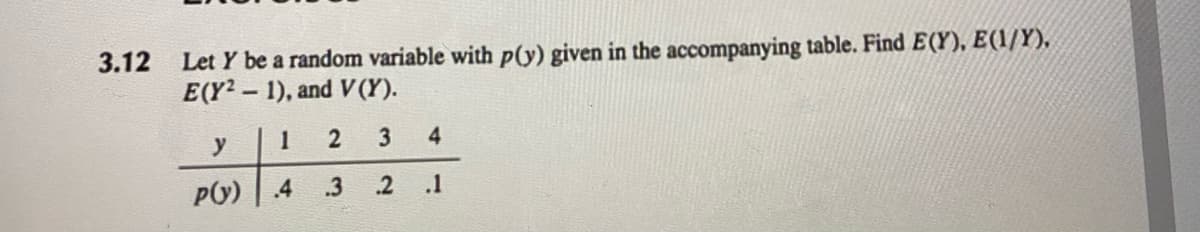 3.12 Let Y be a random variable with p(y) given in the accompanying table. Find E(Y), E(1/Y),
E(Y²-1), and V (Y).
2
3
.3 .2
y
p(y)
1
.4
4
.1