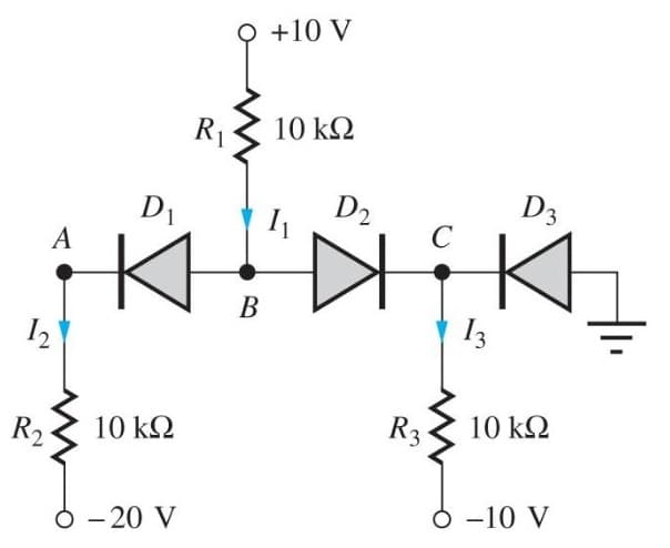 +10 V
R1
10 kΩ
D1
D2
D3
A
В
12
I3
R2
10 k2
R3-
10 kQ
О —10 V
О — 20 V
-
