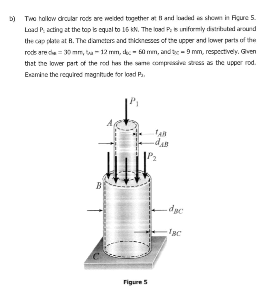 b)
Two hollow circular rods are welded together at B and loaded as shown in Figure 5.
Load P; acting at the top is equal to 16 kN. The load P2 is uniformly distributed around
the cap plate at B. The diameters and thicknesses of the upper and lower parts of the
rods are das = 30 mm, tas = 12 mm, dec = 60 mm, and tec = 9 mm, respectively. Given
that the lower part of the rod has the same compressive stress as the upper rod.
Examine the required magnitude for load Pz.
P1
tAB
-dAB
|P2
B
-dBC
IBC
Figure 5
