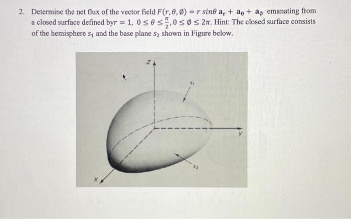 2. Determine the net flux of the vector field F(r,0,0) = r sine a₁ + a + ao emanating from
a closed surface defined byr = 1, 0≤0 ≤,0 ≤0 ≤ 2. Hint: The closed surface consists
of the hemisphere s₁ and the base plane s₂ shown in Figure below.