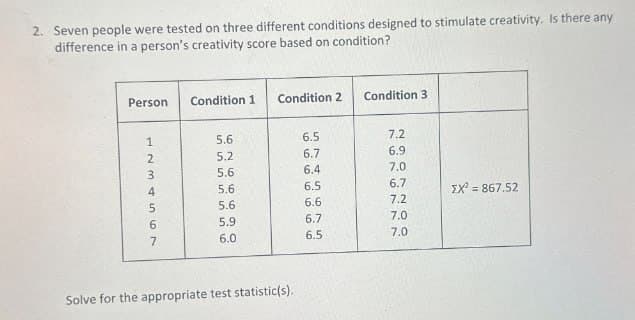 2. Seven people were tested on three different conditions designed to stimulate creativity. Is there any
difference in a person's creativity score based on condition?
Person Condition 1
Condition 2 Condition 3
1234567
5.6
6.5
7.2
5.2
6.7
6.9.
5.6
6.4
7.0
5.6
6.5
6.7
ΣΧ' = 867.52
5.6
6.6
7.2
5.9
6.7
7.0
6.0
6.5
7.0
Solve for the appropriate test statistic(s).