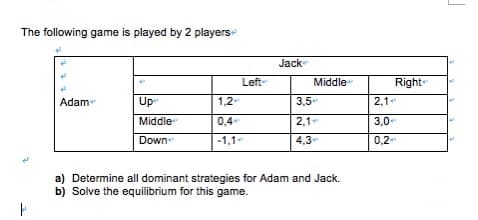 The following game is played by 2 players-
Jack
Left
Middle
Right
Adam
Up
1,2-
3,5
2,1
Middle
0,4
2,1
3,0-
Down
-1,1-
4,3
0,2
a) Determine all dominant strategies for Adam and Jack.
b) Solve the equilibrium for this game.
