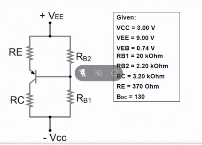 + VEE
Given:
VCC = 3.00 V
VEE = 9.00 V
VEB = 0.74 V
RE
ERB2
RB1 = 20 kOhm
RB2 = 2.20 kOhm
RC = 3.20 kOhm
RE = 370 Ohm
RC
R81
BDc = 130
- Vcc
ww
