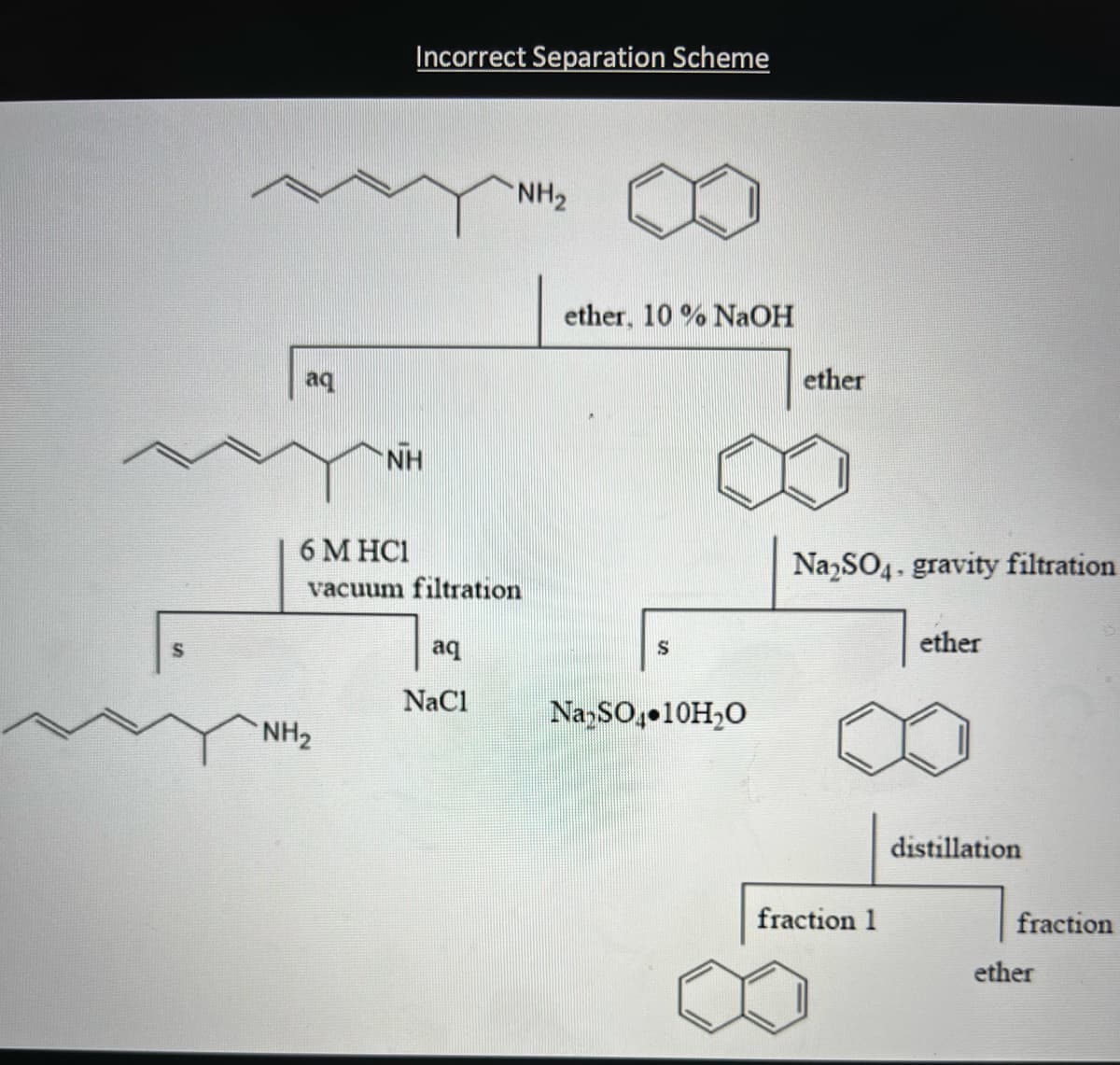 Incorrect Separation Scheme
NH2
ether, 10 % NaOH
ether
aq
NH
6 M HC1
Na,SO4. gravity filtration
vacuum filtration
ether
aq
NaCl
Na SO, 10H,O
NH2
distillation
fraction 1
fraction
ether
