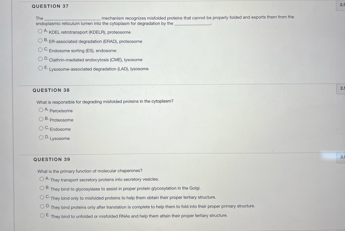 QUESTION 37
The
mechanism recognizes misfolded proteins that cannot be properly folded and exports them from the
endoplasmic reticulum lumen into the cytoplasm for degradation by the
OA. KDEL retrotransport (KDELR), proteosome
C
B. ER-associated degradation (ERAD), proteosome
OC. Endosome sorting (ES), endosome
OD. Clathrin-mediated endocytosis (CME), lysosome
O E. Lysosome-associated degradation (LAD), lysosome
QUESTION 38
What is responsible for degrading misfolded proteins in the cytoplasm?
OA. Peroxisome
OB. Proteosome
OC. Endosome
OD.Lysosome
QUESTION 39
What is the primary function of molecular chaperones?
OA. They transport secretory proteins into secretory vesicles.
OB. They bind to glycosylases to assist in proper protein glycosylation in the Golgi.
OC. They bind only to misfolded proteins to help them obtain their proper tertiary structure.
OD. They bind proteins only after translation is complete to help them to fold into their proper primary structure.
OE. They bind to unfolded or misfolded RNAs and help them attain their proper tertiary structure.
2.5
2.5
2.5