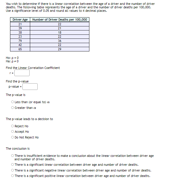 You wish to determine if there is a linear correlation between the age of a driver and the number of driver
deaths. The following table represents the age of a driver and the number of driver deaths per 100,000.
Use a significance level of 0.05 and round all values to 4 decimal places.
Driver Age
Number of Driver Deaths per 100,000
21
22
39
21
38
18
23
22
79
36
42
22
65
29
Ho: p = 0
Ha: p= 0
Find the Linear Correlation Coefficient
r =
Find the p-value
p-value =
The p-value is
O Less than (or equal to) a
Greater than a
The p-value leads to a decision to
O Reject Ho
O Accept Ho
O Do Not Reject Ho
The conclusion is
O There is insufficient evidence to make a conclusion about the linear correlation between driver age
and number of driver deaths.
There is a significant linear correlation between driver age and number of driver deaths.
O There is a significant negative linear correlation between driver age and number of driver deaths.
O There is a significant positive linear correlation between driver age and number of driver deaths.
