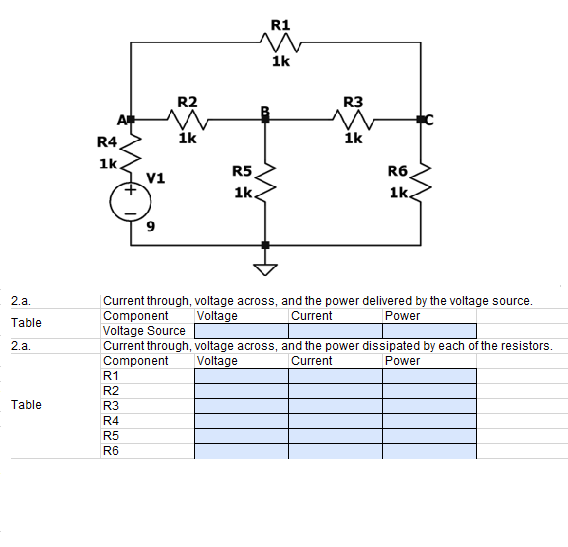 R1
1k
R2
R3
R4
ik
ik
1k.
R5
R6
v1
1k.
1k.
9
2.a.
Current through, voltage across, and the power delivered by the voltage source.
Component
Voltage Source
Current through, voltage across, and the power dissipated by each of the resistors.
Component
Voltage
Current
Power
Table
2.a.
Voltage
Current
Power
R1
R2
Table
R3
R4
R5
R6
