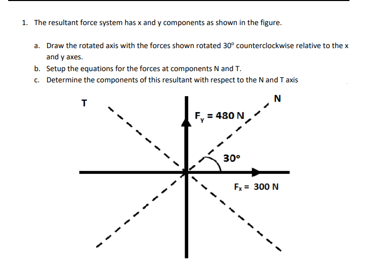 1. The resultant force system has x and y components as shown in the figure.
a. Draw the rotated axis with the forces shown rotated 30° counterclockwise relative to the x
and y axes.
b. Setup the equations for the forces at components N and T.
c. Determine the components of this resultant with respect to the N and T axis
N
F, = 480 N
30°
Fx = 300 N
