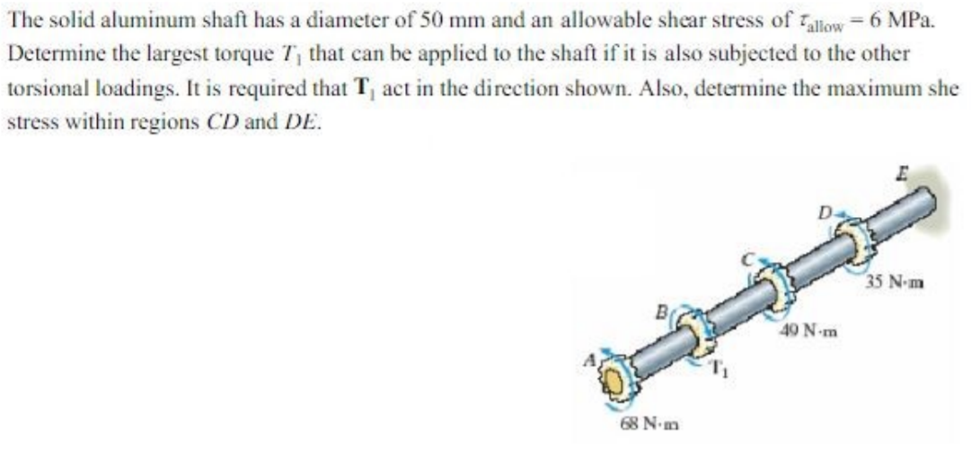 The solid aluminum shaft has a diameter of 50 mm and an allowable shear stress of Tallow - 6 MPa.
Determine the largest torque 7, that can be applied to the shaft if it is also subjected to the other
torsional loadings. It is required that T₁ act in the direction shown. Also, determine the maximum she
stress within regions CD and DE.
68 N-m
49 N-m
35 N-m