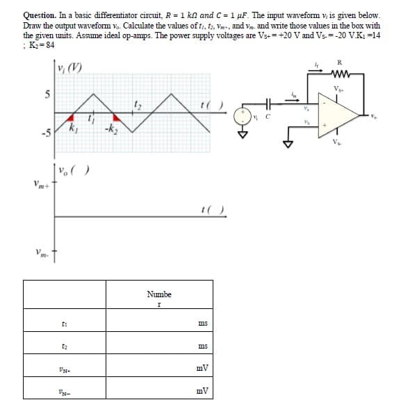 Question. In a basic differentiator circuit, R = 1 ka and C = 1 µF. The imput waveform v, is given below.
Draw the output waveform v.. Calculate the values of t, t,, Viet, and vm. and write those values in the box with
the given units. Assume ideal op-amps. The power supply voltages are Vs+= +20 V and Vs-= -20 VK1 =14
; K= 84
R
v, (V)
ww
5
-5
-k,
1( )
Vm- T
Numbe
ti
ms
ms
mV
mV
