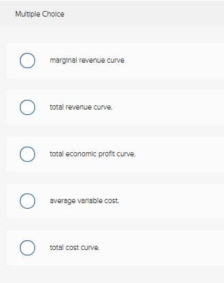 Multiple Choice
marginal revenue curve
total revenue curve.
total economic profit curve.
average varlable cost.
total cost curve.
