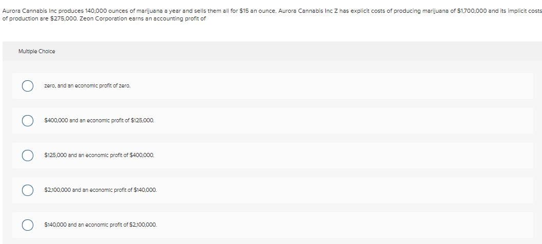 Aurora Cannabis Inc produces 140,000 ounces of marijuana a year and sells them all for $15 an ounce. Aurora Cannabis Inc Z has explicit costs of producing marijuana of $1.700,000 and its implicit costs
of production are $275,000. Zeon Corporation earns an accounting profit of
Multiple Cholce
zero, and an economic profit of zero.
$400,000 and an economic profit of $125.000.
$125,000 and an economic profit of $400,000.
$2,100.000 and an economic profit of $140,000.
$140,000 and an economic profit of $2100,000.
