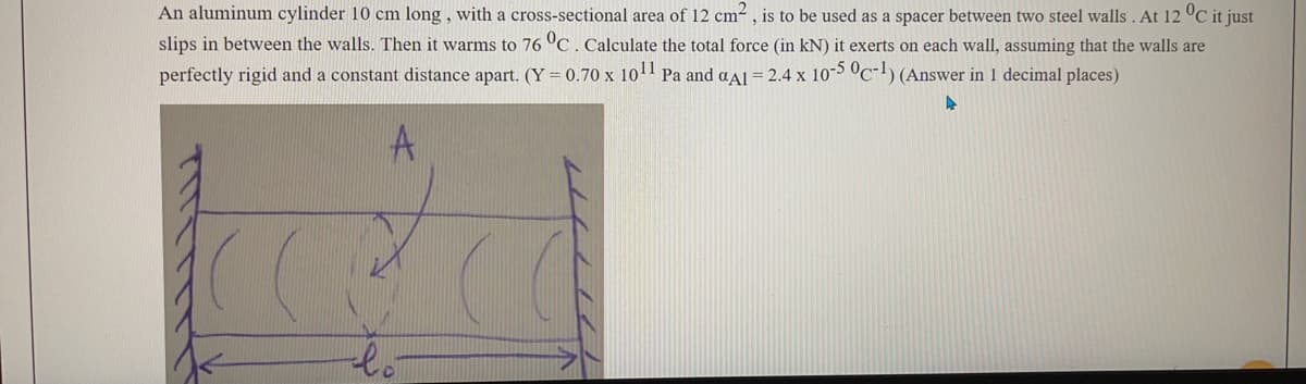 An aluminum cylinder 10 cm long , with a cross-sectional area of 12 cm- , is to be used as a spacer between two steel walls . At 12 °C it just
slips in between the walls. Then it warms to 76 °C. Calculate the total force (in kN) it exerts on each wall, assuming that the walls are
perfectly rigid and a constant distance apart. (Y = 0.70 x 1011 Pa and aAI= 2.4 x 10-5 0c-l) (Answer in 1 decimal places)
lo
