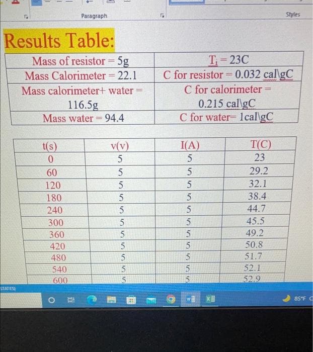 1
Paragraph
Results Table:
STATES)
Mass of resistor = 5g
Mass Calorimeter = 22.1
Mass calorimeter+ water =
116.5g
Mass water = 94.4
t(s)
v(v)
0
5
60
5
120
5
180
5
240
5
300
5
360
420
480
540
600
55
5
5
5
G
Styles
T-23C
C for resistor=0.032 cal/gC
C for calorimeter =
0.215 cal\gC
C for water-1cal\gC
I(A)
T(C)
5
23
5
29.2
5
32.1
5
38.4
5
44.7
5
45.5
5
49.2
50.8
51.7
52.1
52.9
L.M
555
5
5
5
*B
85°F C