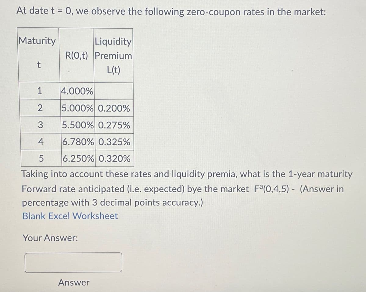 At date t = 0, we observe the following zero-coupon rates in the market:
Maturity
t
Liquidity
R(0,t) Premium
L(t)
1
4.000%
2
5.000% 0.200%
3
5.500% 0.275%
4
6.780% 0.325%
5
6.250% 0.320%
Taking into account these rates and liquidity premia, what is the 1-year maturity
Forward rate anticipated (i.e. expected) bye the market Fª(0,4,5)- (Answer in
percentage with 3 decimal points accuracy.)
Blank Excel Worksheet
Your Answer:
Answer